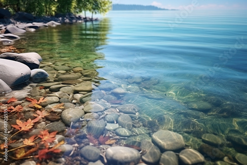 Lake gravel shore with blue sky and clouds. Calm crystal clear waves with pebbles beach and green trees on the shore. Generative AI