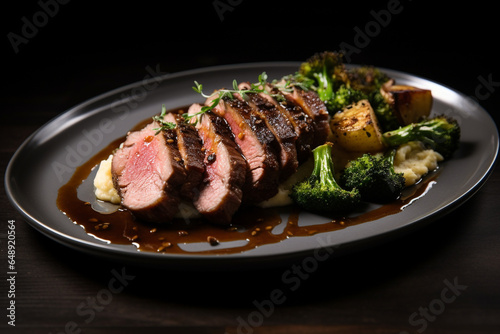 Lamb loin, grilled, sprinkled with microgreens. Restaurant menu dish. photo