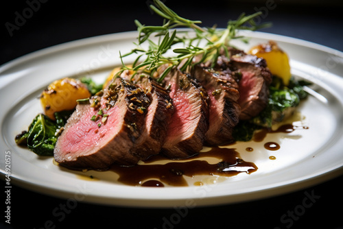 Lamb loin, grilled, sprinkled with microgreens. Restaurant menu dish. photo