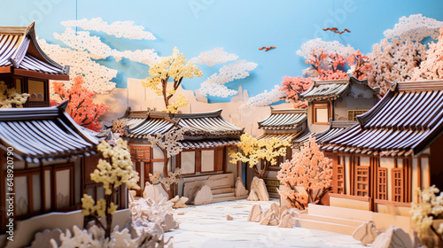 Bukchon Hanok Village in Seoul in sunny day background in paper art and craft design concept. Created using generative AI. photo
