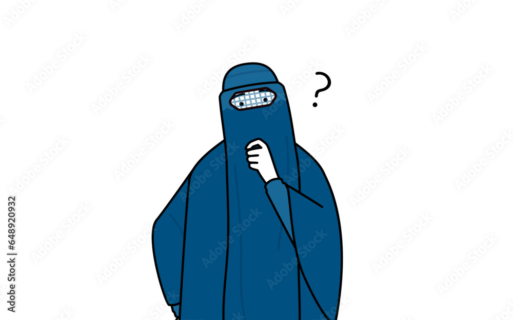 疑問を持って首をかしげるブルカ姿のイスラム女性