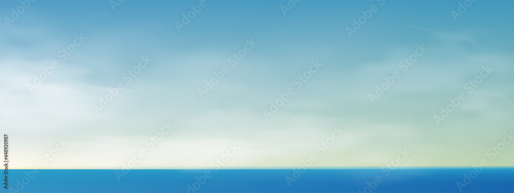 Morning Sky, Horizon Spring Sky Scape in blue by the Sea,Vector of nature cloud, sky in sunny day Summer, Horizon picturesque banner background for World environment day,Save the earth or Earth day