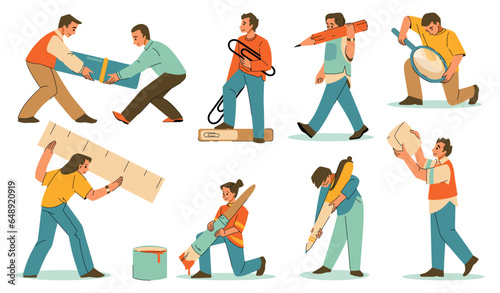 Stationery characters. People holding office supplies. Big pen and pencil. Student with magnifier. Woman with eraser or paintbrush. Man carrying highlighter. Work persons vector set