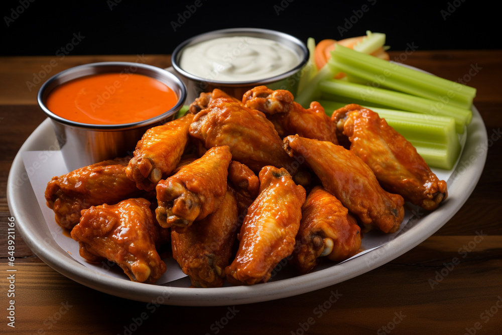 Buffalo wings plate, restaurant menu dish.