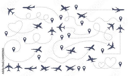Route path. Airplane traffic. Dotted line track and map pins. Plane flight. Tourism or delivery. Aerial travel. Aviation trace. Destination symbols. Vector air transportation icons set