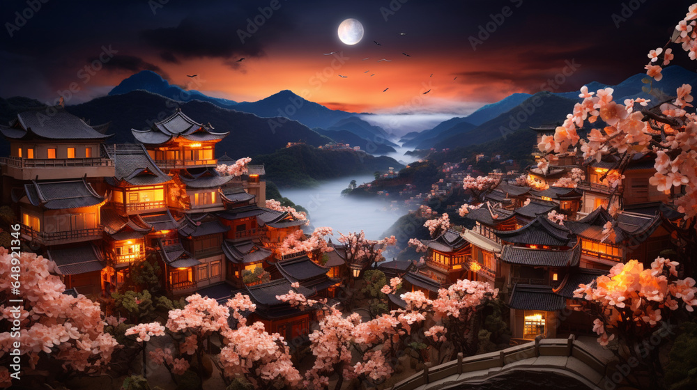 Jiufen Taiwan in night time and full moon background in paper art and craft design concept. Created using generative AI.