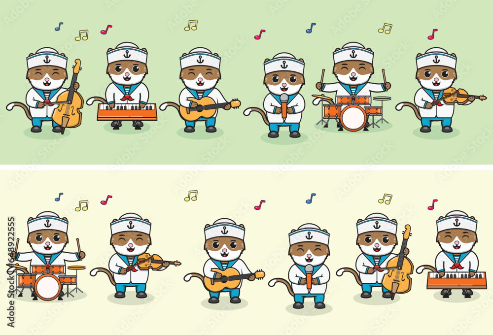 Vector Illustration of Cute Cat sailors Music Band. Big set of cute Animal cartoon in professions. Cartoon flat style. Vector Illustration of Cute Cat sailors Music Band. Big set of cute Animal cartoon in professions. Cartoon flat style.