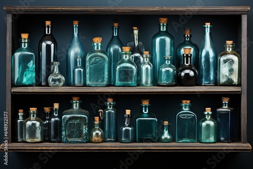 a set of blue bottles on a shelf