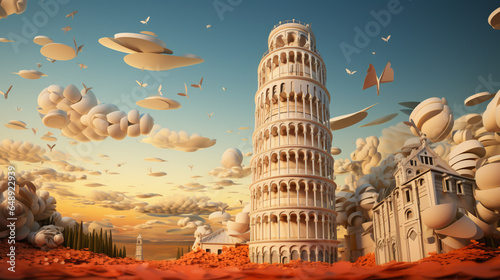 Vanilla sky time in Pisa tower Italy wallpaper in paper art and craft design concept and animation. Created using generative AI.