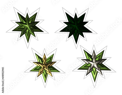 3d shiny golden and silver green 5 pointed stars stickers