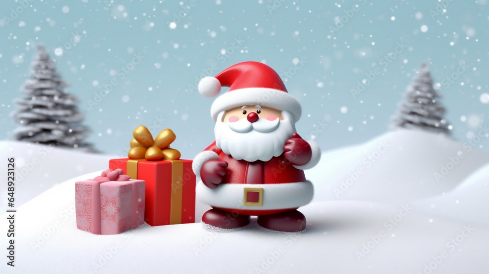 Santa Claus with gift boxes and frosted pine trees on snow mountain, cute 3D illustration, Christmas background.