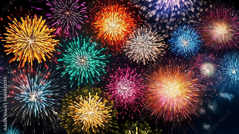 Colorful fireworks on dark sky, celebration and happy new year concept abstract background illustration. Generative AI