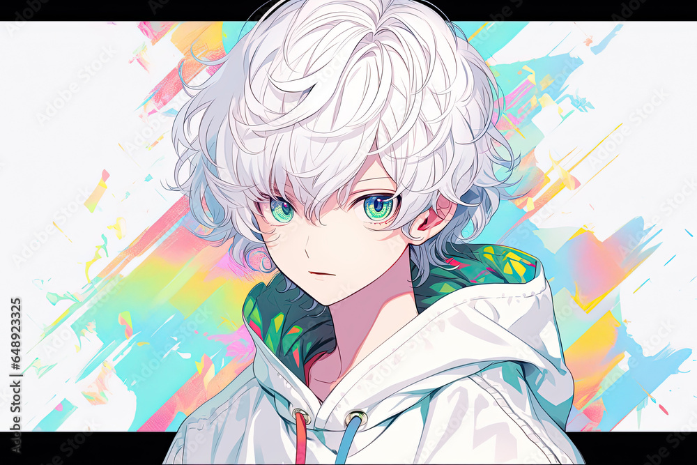 Anime Boy With White Hair On Pastel Background Anime Boy With White Hair On Pastel Background
