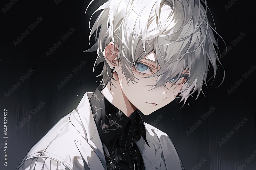 Fototapeta premium Anime Boy With White Hair On Black Background