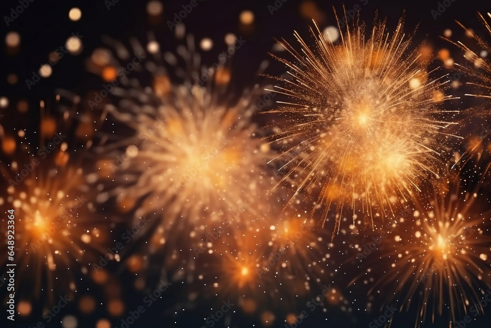 Golden fireworks on dark sky, celebration and happy new year concept abstract background illustration.