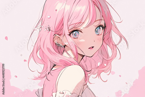 Beautiful Cute Anime Girl With Pink Hair On Beige Background