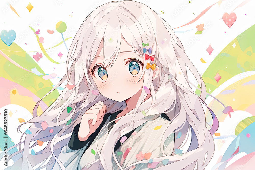 Beautiful Cute Anime Girl With White Hair On Pastel Background