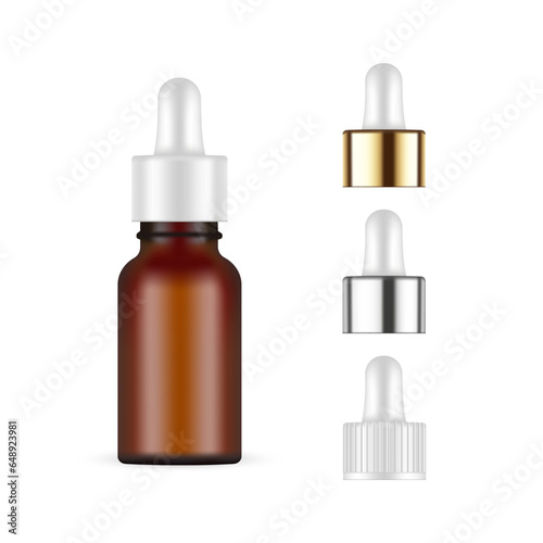 Amber Brown Dropper Bottle Mockup With Plastic, Metallic, Golden Caps, Isolated On White Background. Vector Illustration