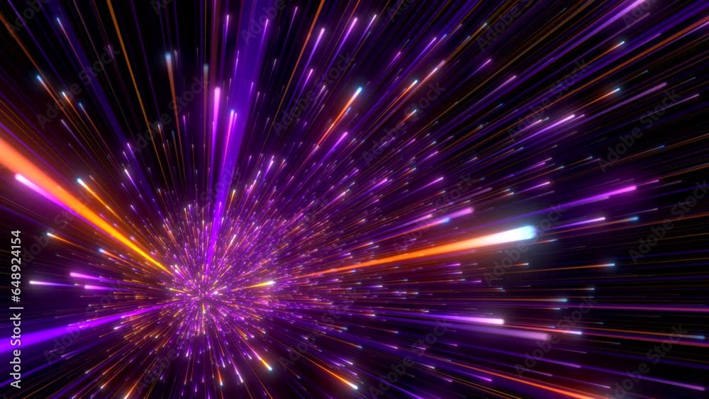 Abstract background in orange and purple neon glow colors. Speed of light in galaxy. Explosion in universe. Space background for event, party, carnival, celebration, anniversary or other. 3D rendering