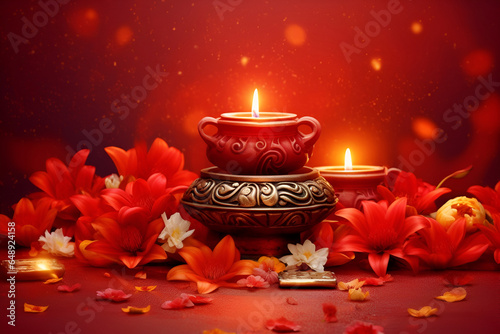 Oil lamps, candles with flowers on red background, Indian Diwali festival of lights 5
