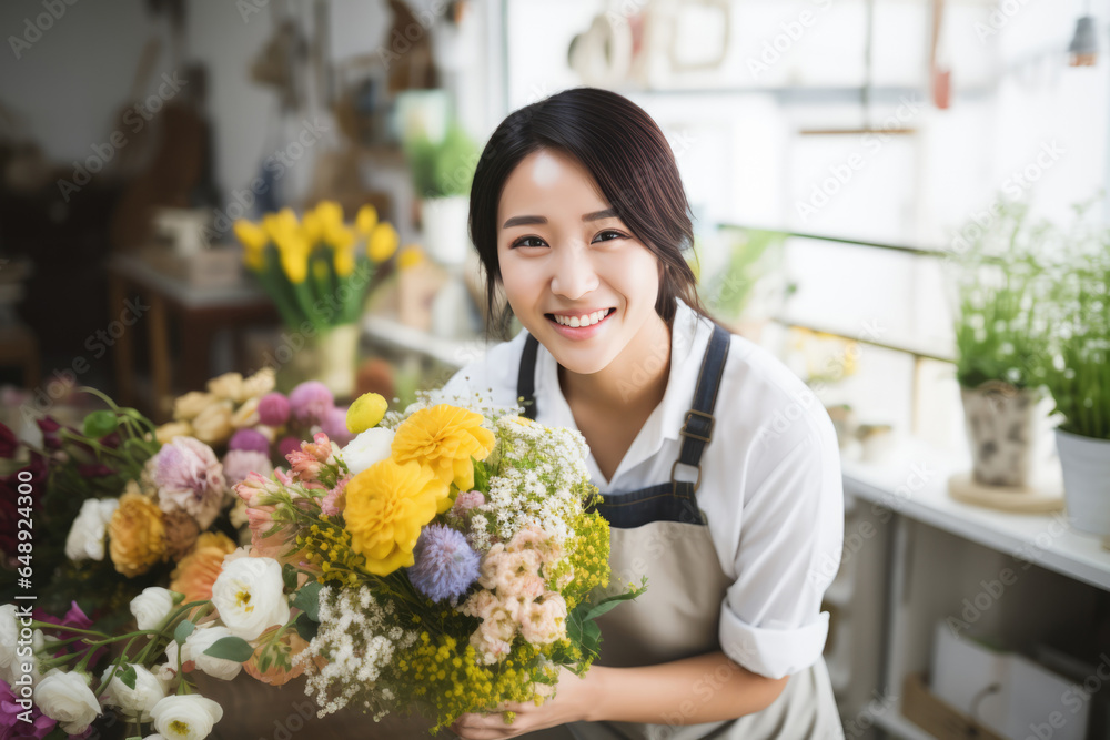 Beautiful Young Asian Woman Florist . Сoncept Young Asian Floristry, Flower Arranging Tips From An Expert, Successful Young Asian Women Of Today, Creating A Beautiful Floral Space