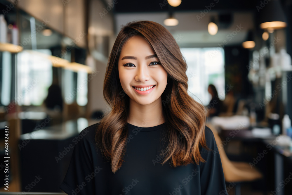 Beautiful Young Asian Woman Hairdresser . Сoncept Hair Styling, Coloring And Cutting Tips For Asian Hair, Difficulties Facing Young Hairdressers, Choosing The Right Hair Products For Asian Hair