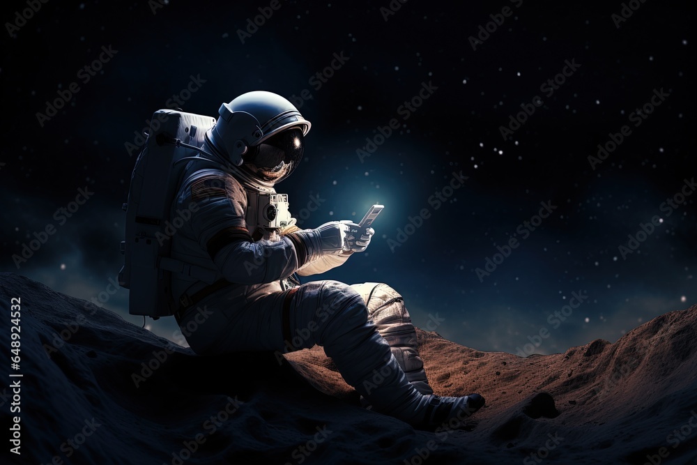 Astronaut with smartphone on the moon. An astronaut sitting on the moon and sends messages to friends and family via smartphone. - obrazy, fototapety, plakaty 