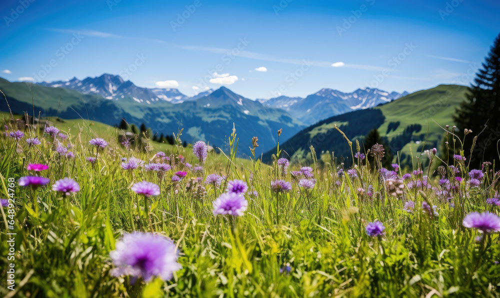 Fototapeta premium Vast alpine meadow dotted with vibrant wildflowers, with majestic snow-capped mountains in the backdrop.