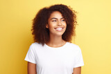 Happiness African Woman In White Tshirt On Pastel Background . Сoncept Happiness, African American Women, White Tshirt Style, Pastel Backgrounds