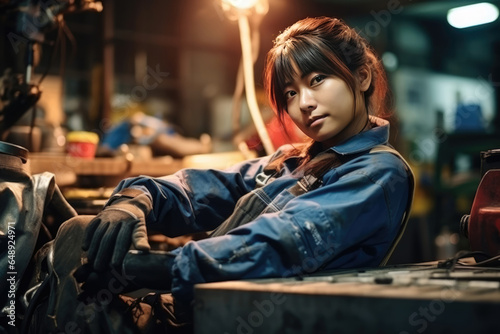 Beautiful Young Asian Woman Welder . Сoncept Young Women In Maledominated Trade Careers, Asian Women Showcasing Industry Talents, Unconventional Beauty In Uncommon Gig photo