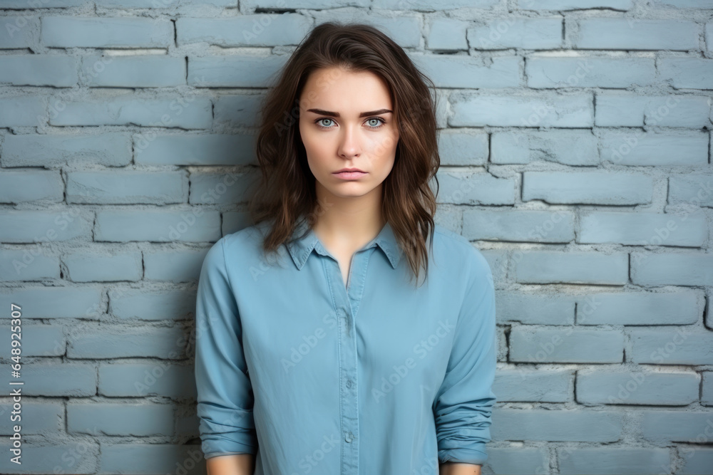 Sadness European Girl In Blue Polo Shirt On Brick Wall Background. Сoncept Sadness, European Girls, Blue Polo Shirts, Brick Wall Backgrounds Sadness European Girl In Blue Polo Shirt On Brick Wall Background. Сoncept Sadness, European Girls, Blue Polo Shirts, Brick Wall Backgrounds