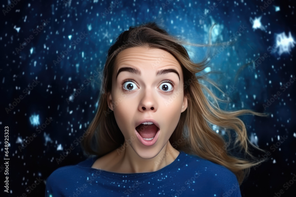 Surprise European Girl In Blue Polo Shirt On Galaxy Stars Background