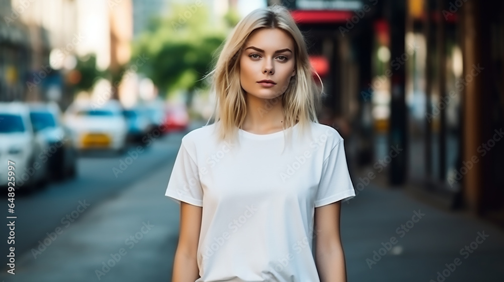 a young beautiful blonde woman in full length with blue eyes in a white T-shirt for a mock-up walks through the city during the day