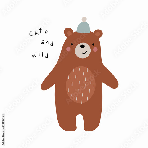 Cute woodland vector illustration. Cartoon bear, fox, hedgehog, badger, tree in forest- print in flat style