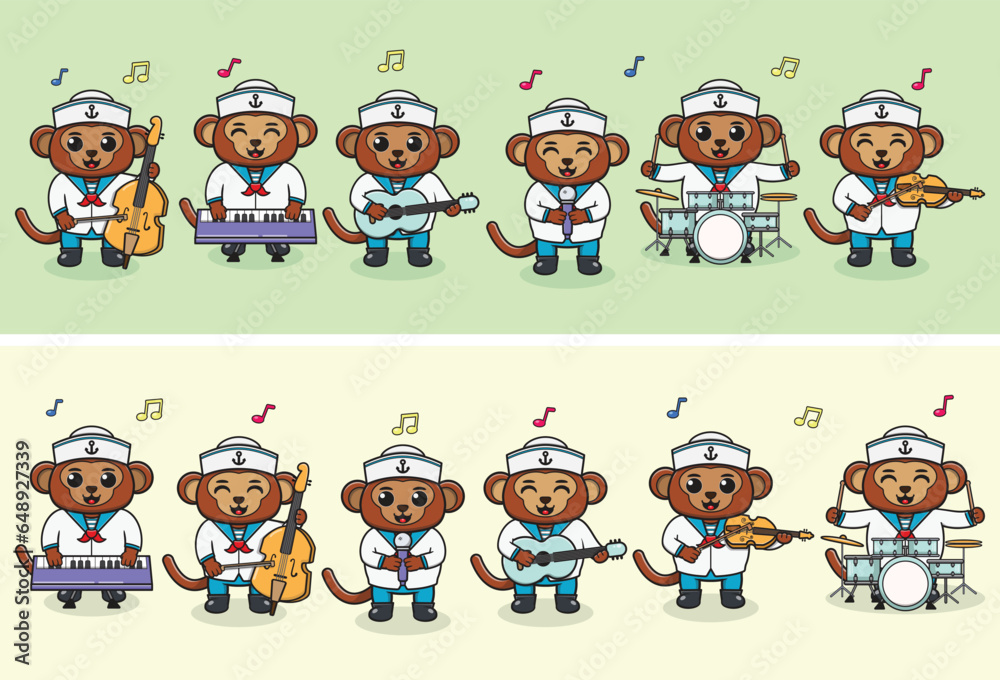 Vector Illustration of Cute Monkey sailors Music Band. Big set of cute Animal cartoon in professions. Monkey Cartoon flat style.