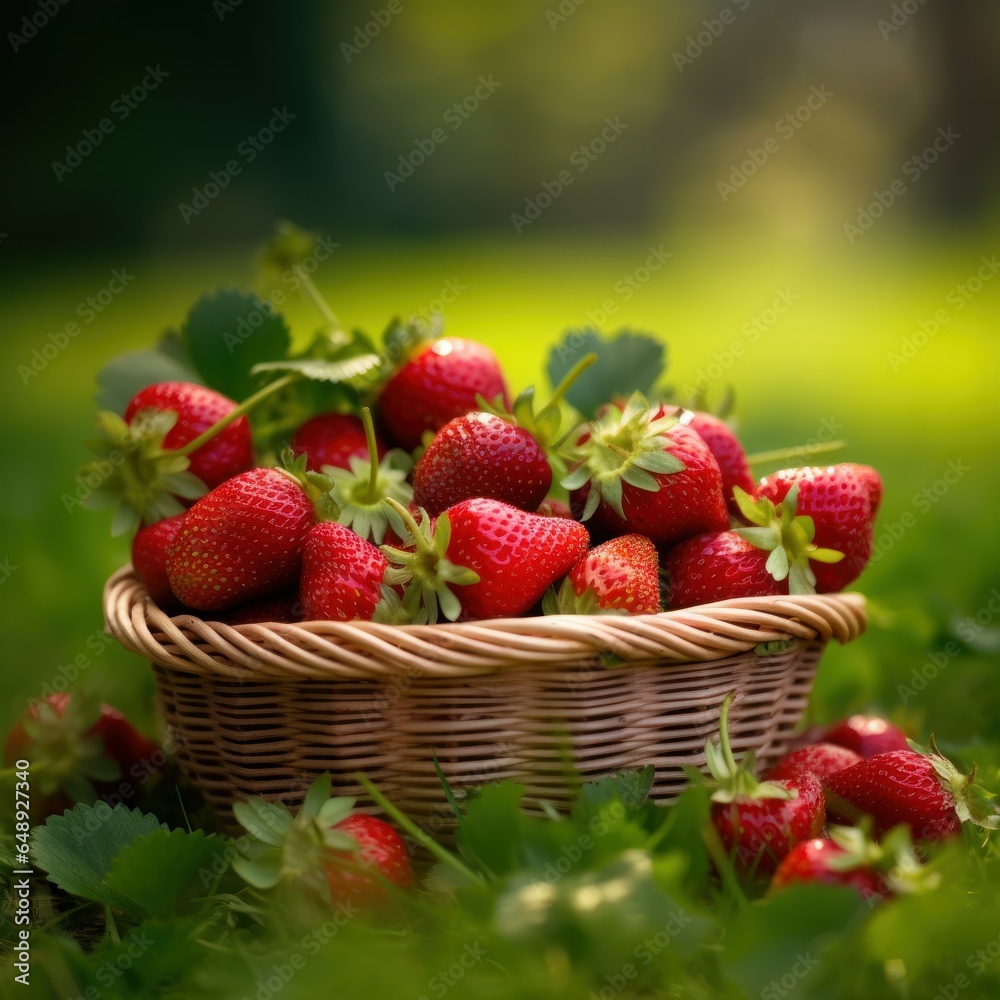 Wicker basket filled with strawberries On the green grass in the garden Wicker basket filled with strawberries On the green grass in the garden