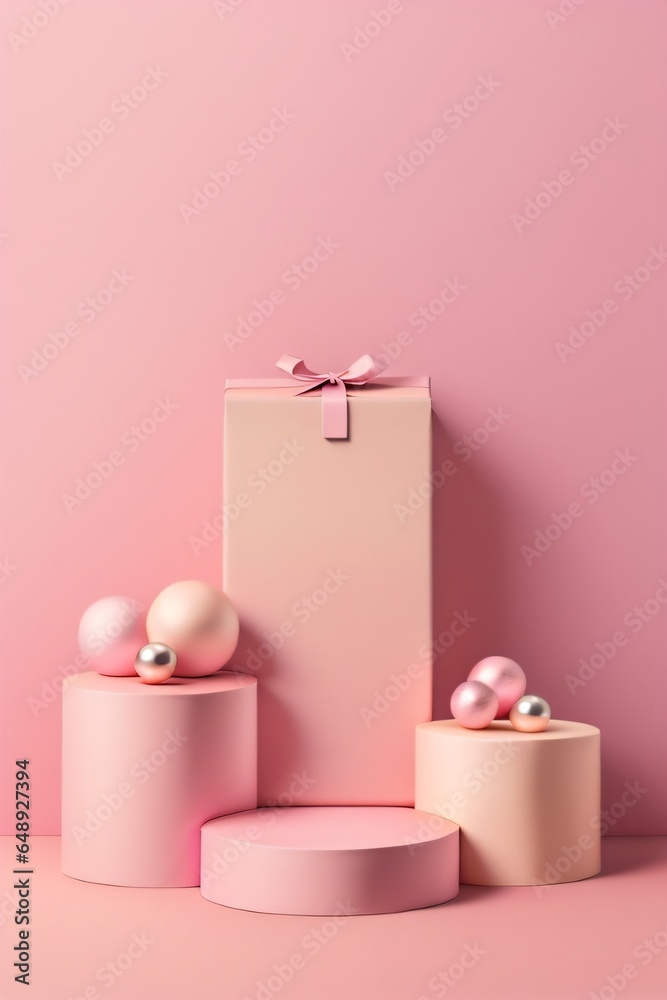 podium with gift boxes and balls on pink background made with Generative AI podium with gift boxes and balls on pink background made with Generative AI