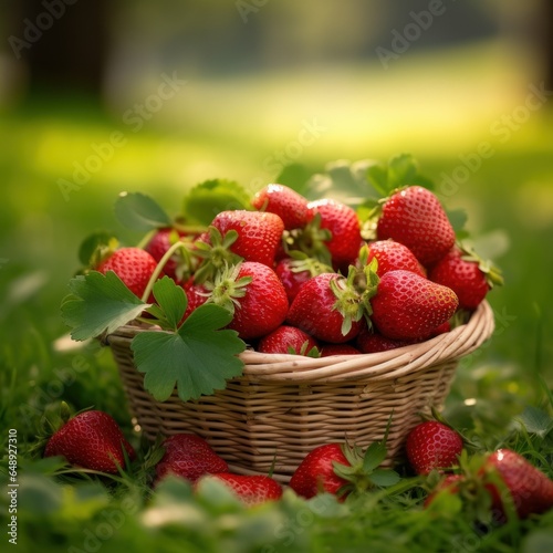 Wicker basket filled with strawberries On the green grass in the garden