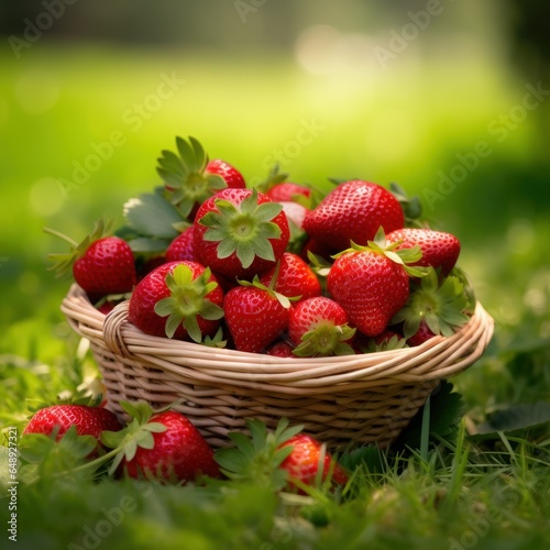 Wicker basket filled with strawberries On the green grass in the garden
