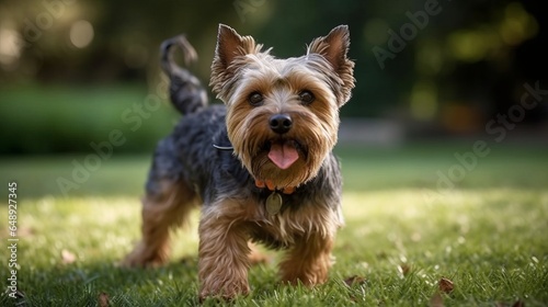 playful yorkshire terrier on the grass, at the park, in the yard © PawsomeStocks