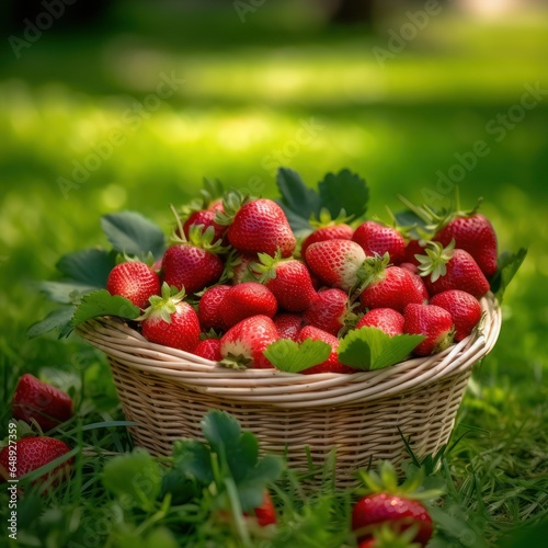 Wicker basket filled with strawberries On the green grass in the garden