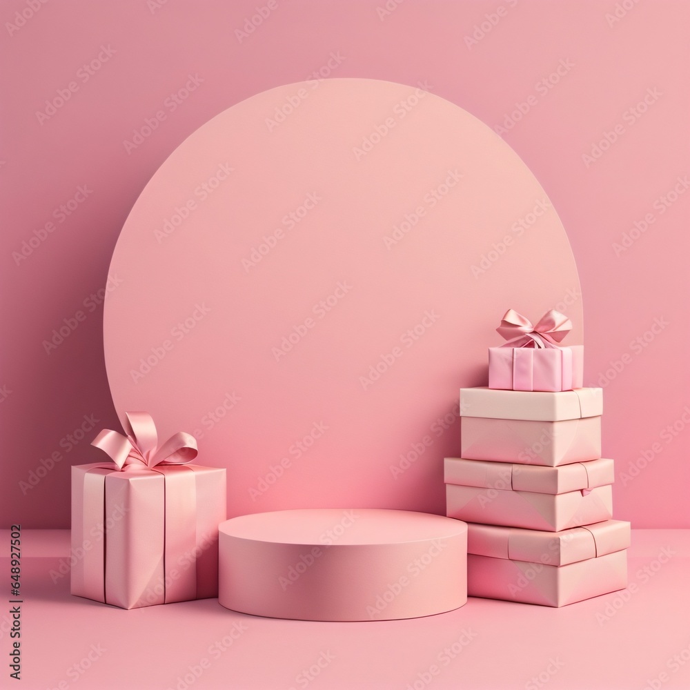 podium with gift boxes and balls on pink background made with Generative AI podium with gift boxes and balls on pink background made with Generative AI