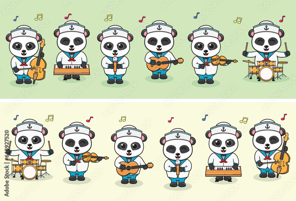 Vector Illustration of Cute Panda sailors Music Band. Big set of cute Animal cartoon in professions. Panda Cartoon flat style. Vector Illustration of Cute Panda sailors Music Band. Big set of cute Animal cartoon in professions. Panda Cartoon flat style.