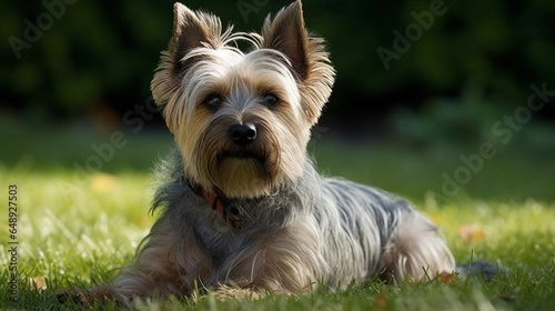 playful yorkshire terrier on the grass, at the park, in the yard © PawsomeStocks