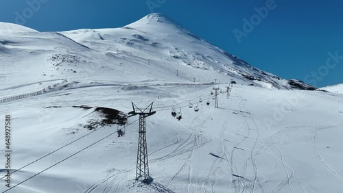 Ski Station At Osorno Vulcan Petrohue Chile. Ski Station Osorno Vulcan Petrohue. Nature Romantic Snow Covered Forest Trees. Nature Drone View Snow Covered Patagonia Frost. photo