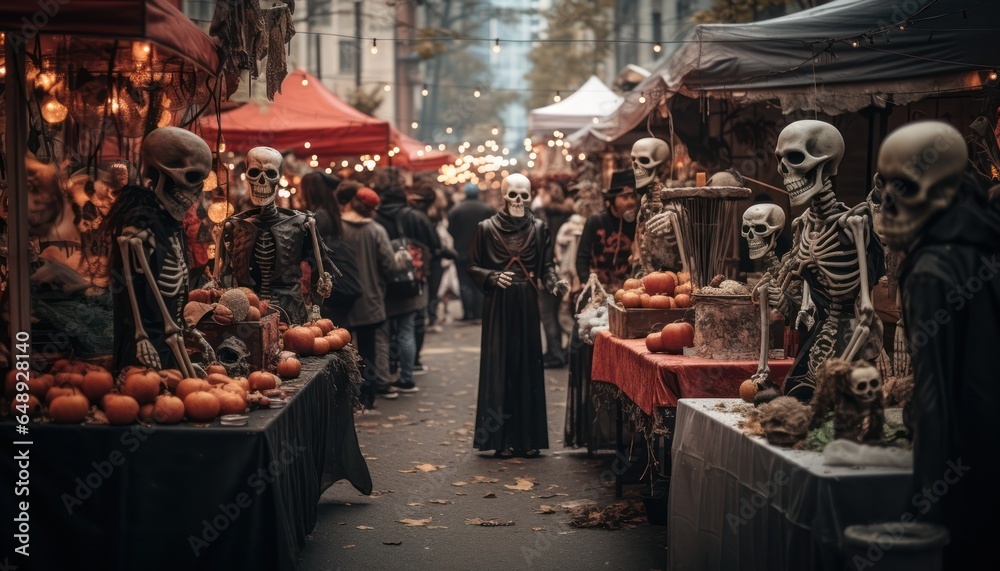 Photo of a crowd of halloween people gathered on the street