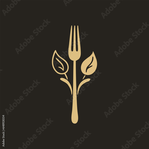 Fork, spoon, and leaves logo. Simple and elegant cutlery set for a healthy meal. photo
