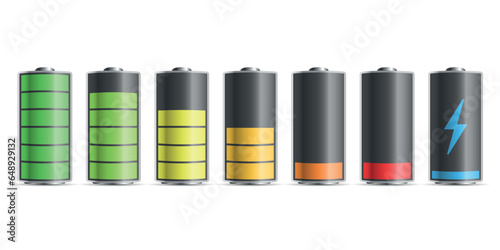 Realistic alkaline battery set icon in flat style. Different size accumulator vector illustration on isolated background. Accumulator recharge sign business concept.