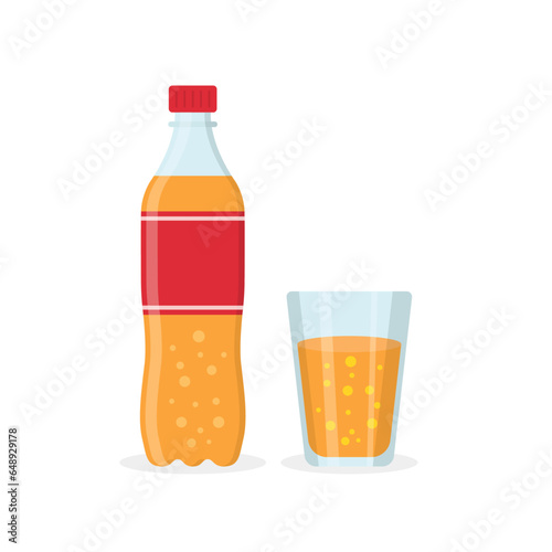 Soda drink icon in flat style. Plastic bottle and drinking glass vector illustration on isolated background. Water beverage sign business concept.