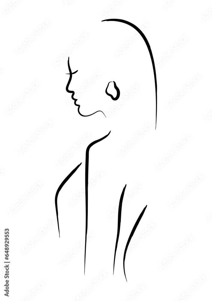 Abstract ink woman portrait, simple minimalist vector illustration, beautiful girl line art, female face brush painted contour
